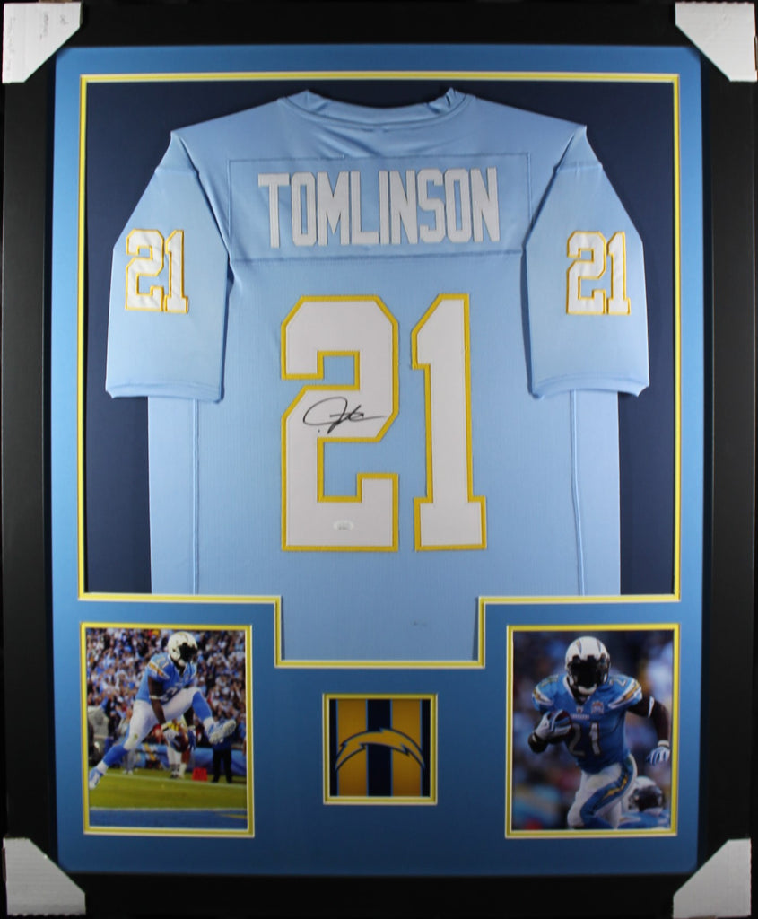 Framed Autographed/Signed LaDainian Tomlinson 33x42 Dark Blue Jersey JSA COA