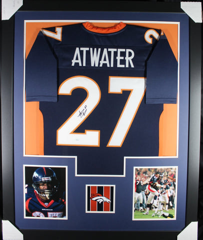 Steve Atwater framed autographed blue jersey