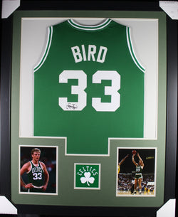 Larry Bird framed autographed green jersey