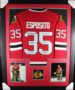 Tony Esposito framed autographed red 6x inscribed jersey