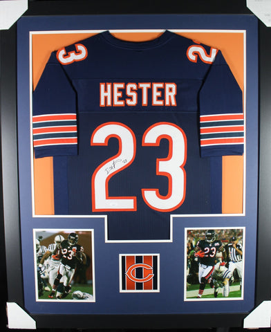 Devin Hester framed autographed blue jersey