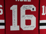 Bobby Hull framed autographed red jersey "61 Cup Champs, HOF and Golden Jet" Inscribed