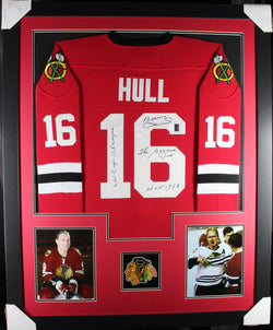 Bobby Hull framed autographed red jersey "61 Cup Champs, HOF and Golden Jet" Inscribed