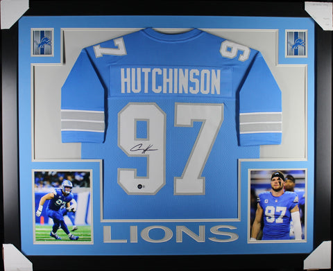 Aiden Hutchinson framed autographed new blue jersey