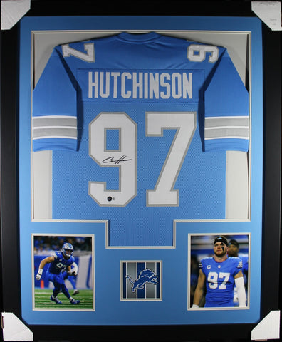 Aiden Hutchinson framed autographed blue jersey