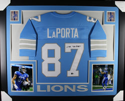 Sam LaPorta framed autographed blue jersey