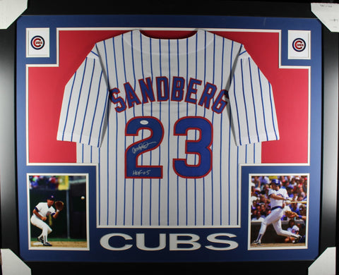 Ryne Sandberg "HOF 05" inscribed framed autographed white pin-stripe jersey