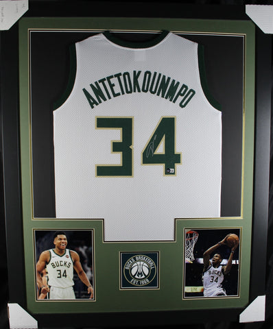 Giannis Antetokounmpo Autographed Framed Green Milwaukee Jersey