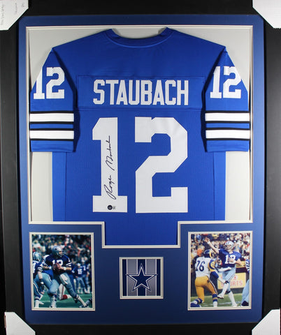 roger-staubach-framed-autographed-blue-jersey